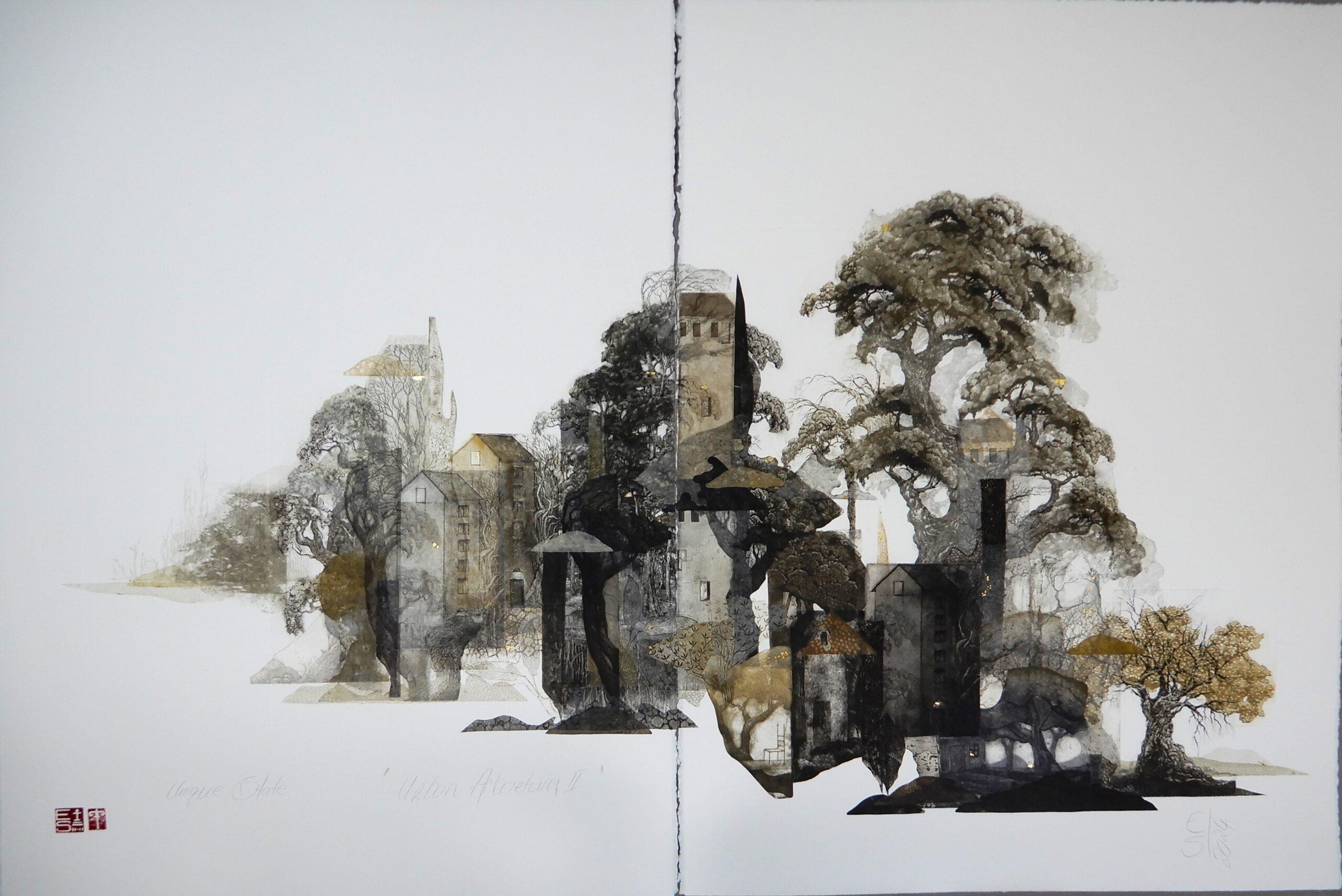 Elmari Steyn Urban Arboretum II 2024 multi-plate etching, aquatint, Chine-colle, hand-coloured, 23k gold foil, diptych courtesy the artist.