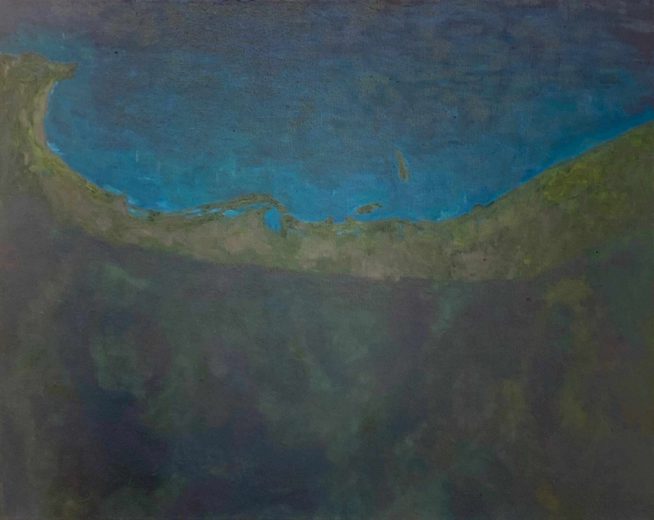 Emily ten Raa, Colonised landscape 2: Imagining a pre-colonised landscape is futile but also useful 2024, oil on canvas, courtesy the artist.