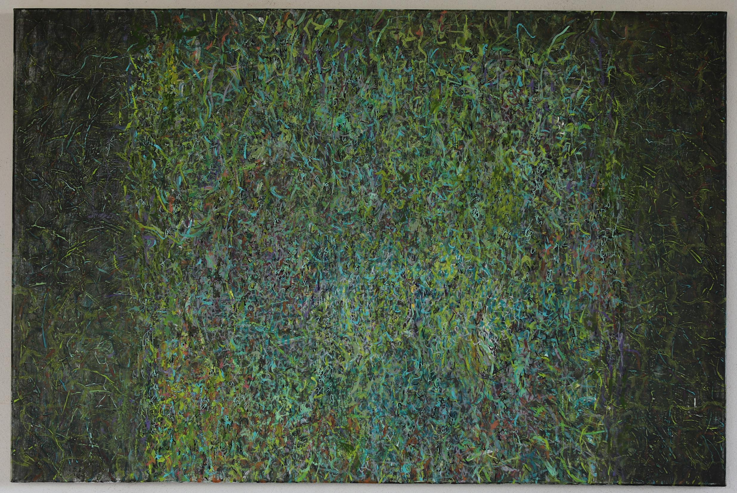 Michele Theunissen, memory of greening 2024, acrylic, posca pens on linen, courtesy the artist.