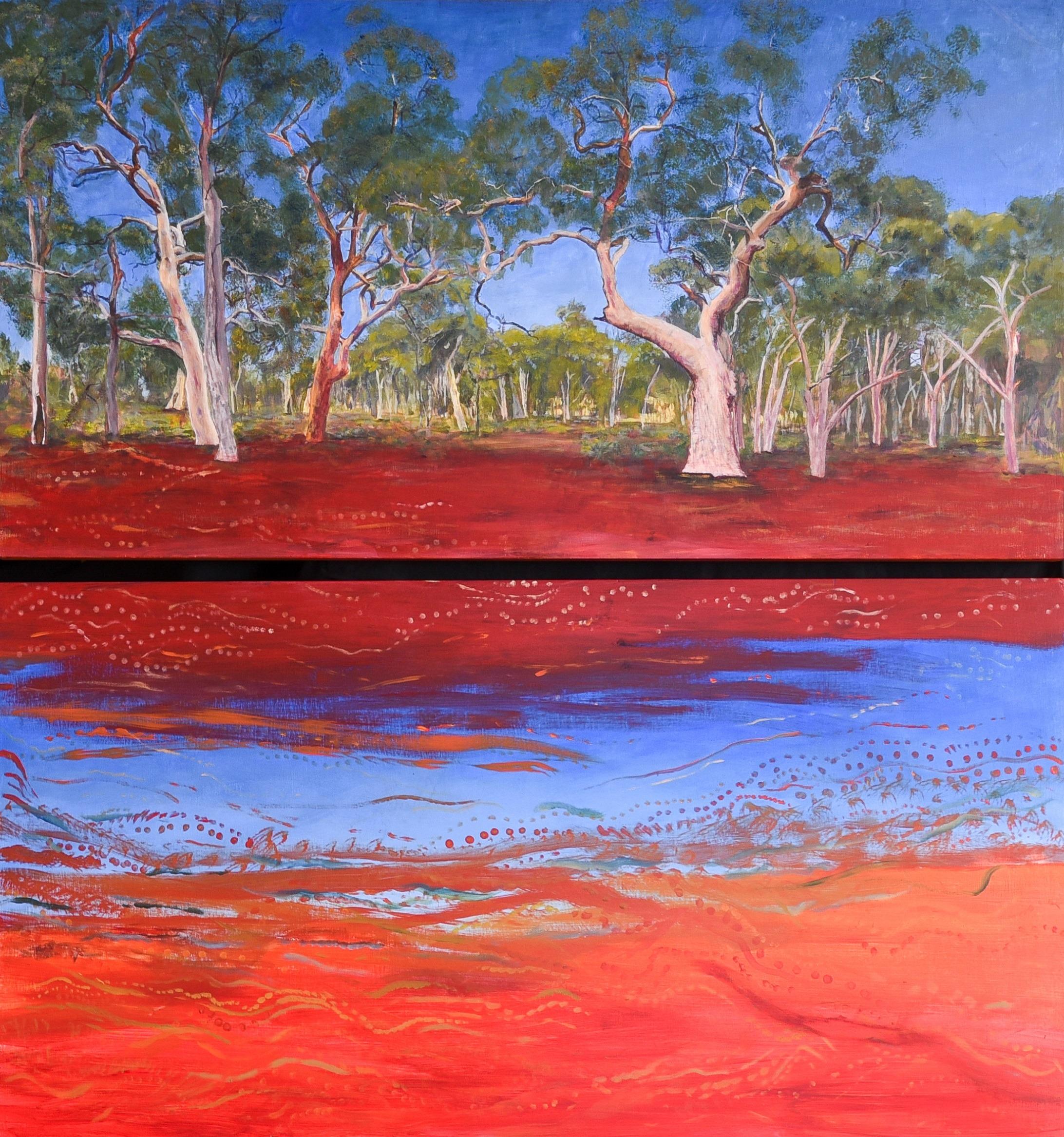 Ross Storey and Ned Crossley, The obligation (nitja wirrnitj) 2024, acrylic on board, diptych, courtesy the artist.