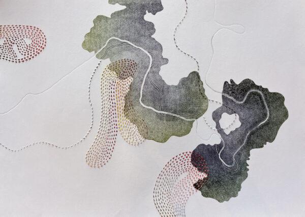 Sarah Thornton-Smith, here : now 2024, etching inks and gouache on paper, courtesy the artist.